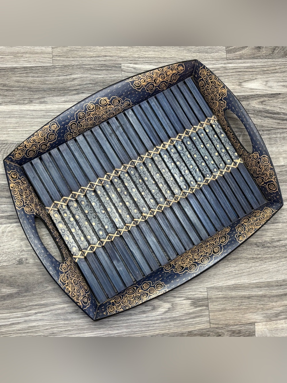 Ten Thousand Villages Blue Bamboo Batik Serving Tray 16x14 Hand Painted Wood Boh